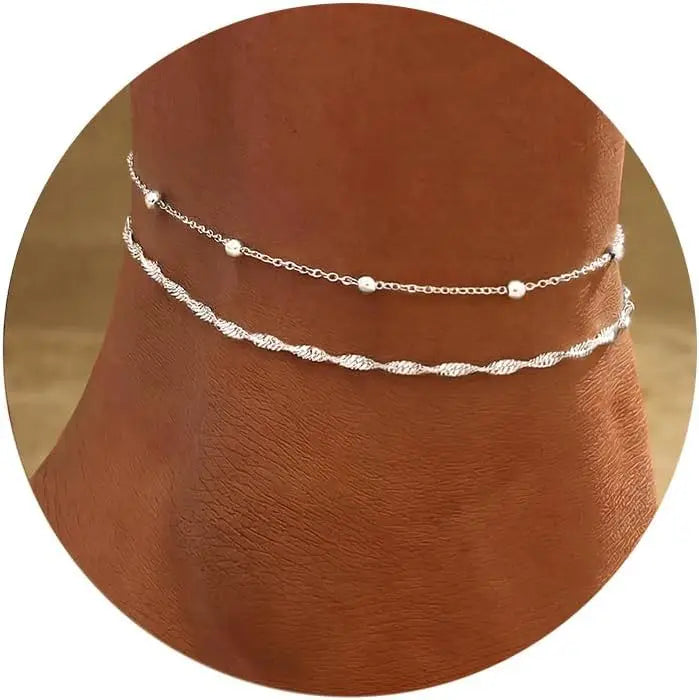Sterling Silver Plated Stainless Steel Ankle Bracelets for Women, Waterproof Layered Twisted Chain Satellite Bead Anklets Set