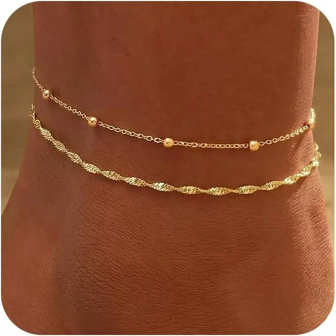 Sterling Silver Plated Stainless Steel Ankle Bracelets for Women, Waterproof Layered Twisted Chain Satellite Bead Anklets Set