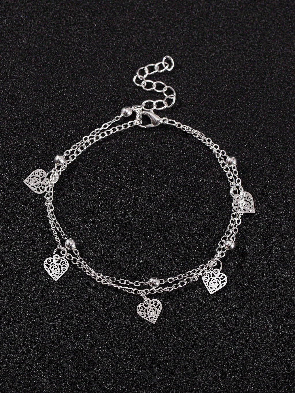 Silver-Tone Double-Layer Anklet With Filigree Heart Charms, Adjustable Chain For Casual Or Beach Outfits
