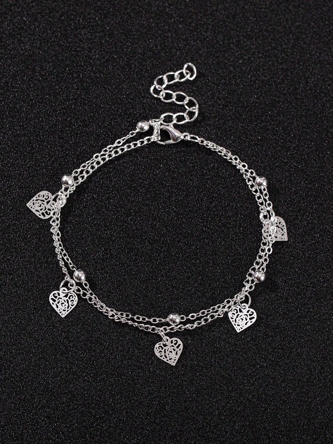 Silver-Tone Double-Layer Anklet With Filigree Heart Charms, Adjustable Chain For Casual Or Beach Outfits