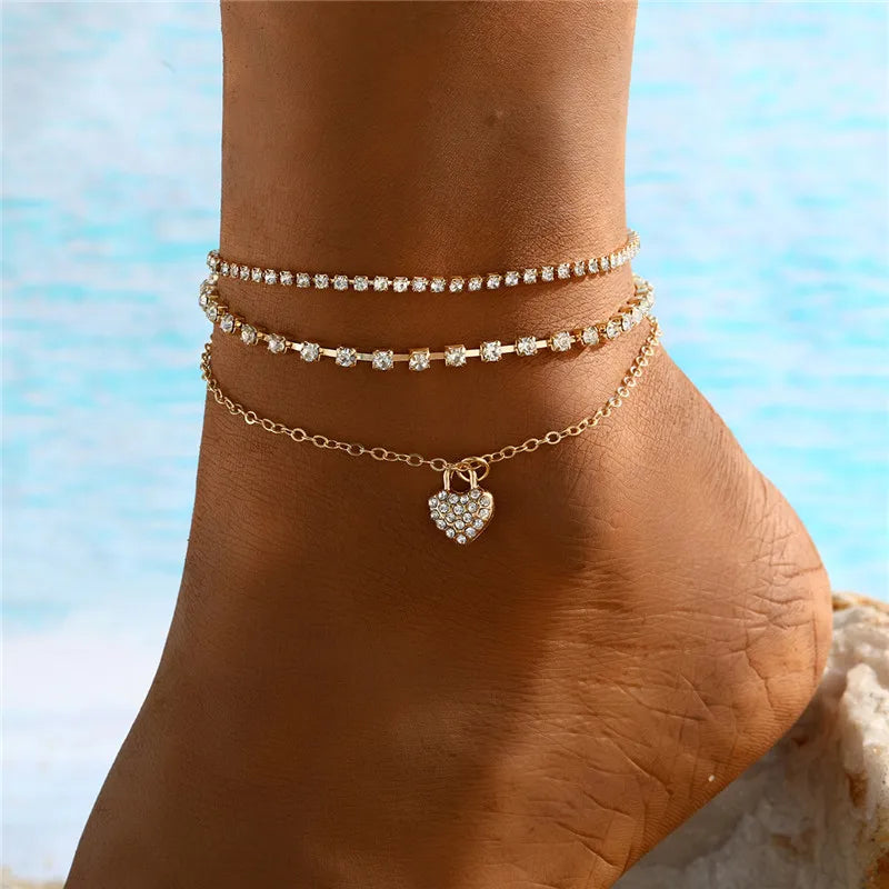 Bohemia Vintage Rhinestone Heart Anklet For Women Summer Beach Initial Ankle Bracelet On the Leg Foot Jewelry Birthday Gifts