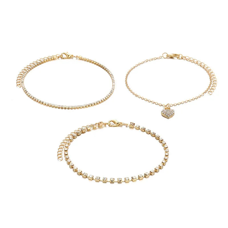Bohemia Vintage Rhinestone Heart Anklet For Women Summer Beach Initial Ankle Bracelet On the Leg Foot Jewelry Birthday Gifts