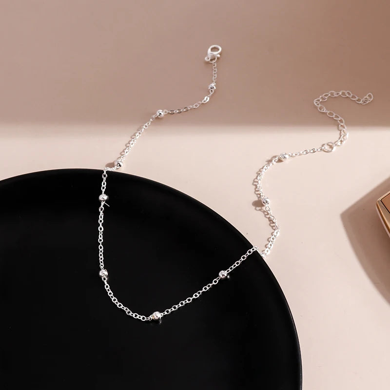 Aihua Simple Copper Beads Chain Choker Necklace for Women Men Kpop Fashion Silver Color Small Ball Short Clavicle Chain Necklace