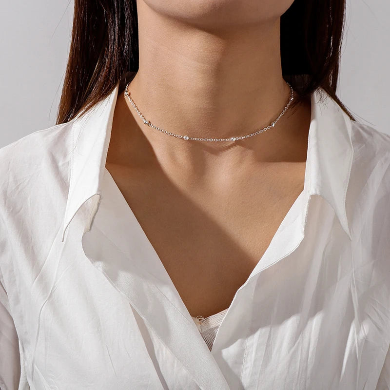 Aihua Simple Copper Beads Chain Choker Necklace for Women Men Kpop Fashion Silver Color Small Ball Short Clavicle Chain Necklace