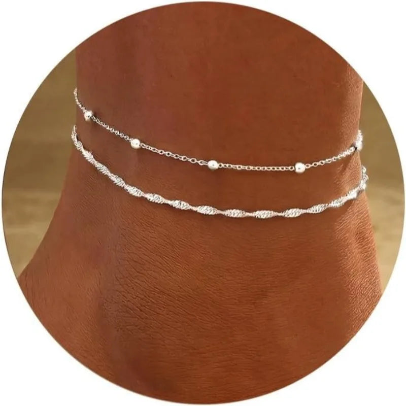 Sterling Silver Plated Stainless Steel Ankle Bracelets for Women, Waterproof Layered Twisted Chain Satellite Bead Anklets Set