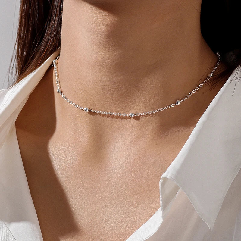 Aihua Simple Copper Beads Chain Choker Necklace for Women Men Kpop Fashion Silver Color Small Ball Short Clavicle Chain Necklace