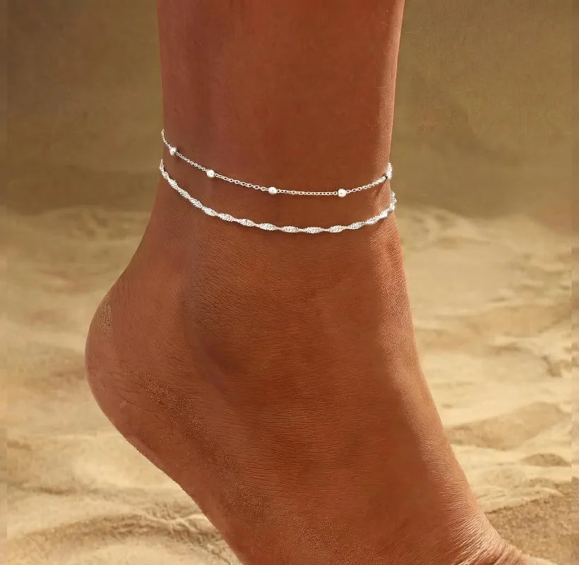 Sterling Silver Plated Stainless Steel Ankle Bracelets for Women, Waterproof Layered Twisted Chain Satellite Bead Anklets Set