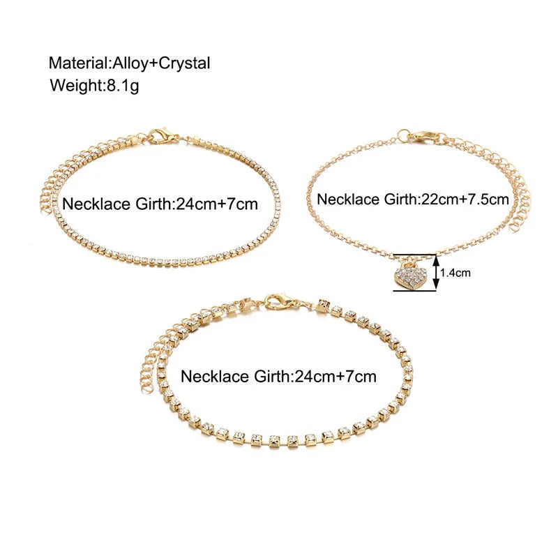 Bohemia Vintage Rhinestone Heart Anklet For Women Summer Beach Initial Ankle Bracelet On the Leg Foot Jewelry Birthday Gifts