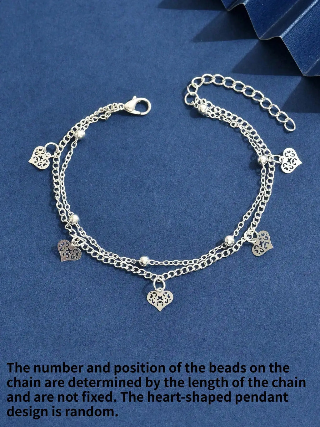 Silver-Tone Double-Layer Anklet With Filigree Heart Charms, Adjustable Chain For Casual Or Beach Outfits
